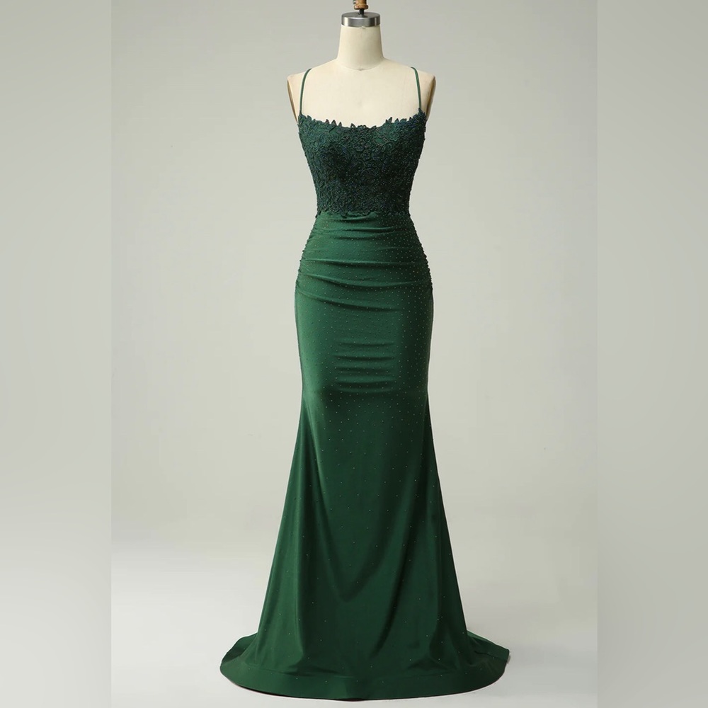 Exquisite beaded crisscross spaghetti strap prom dress. Dark green.NWT. Size 12.